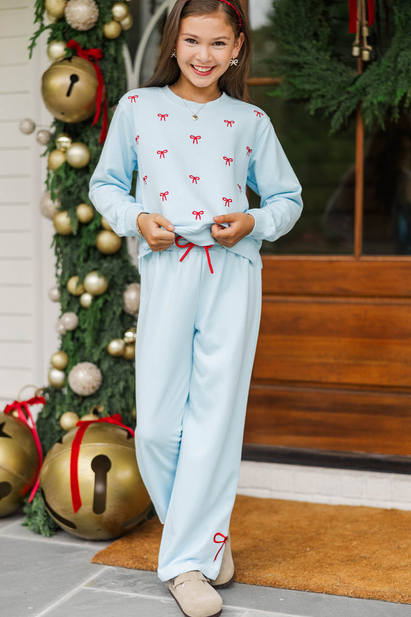 Girls: Weekend Ritual Light Blue Bow Embroidered Sweatshirt
