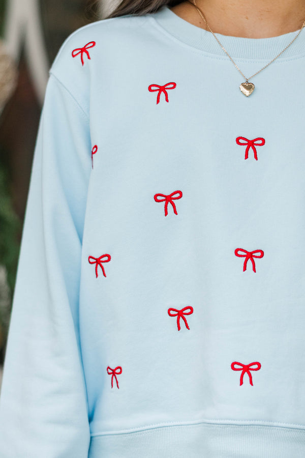 Girls: Weekend Ritual Light Blue Bow Embroidered Sweatshirt