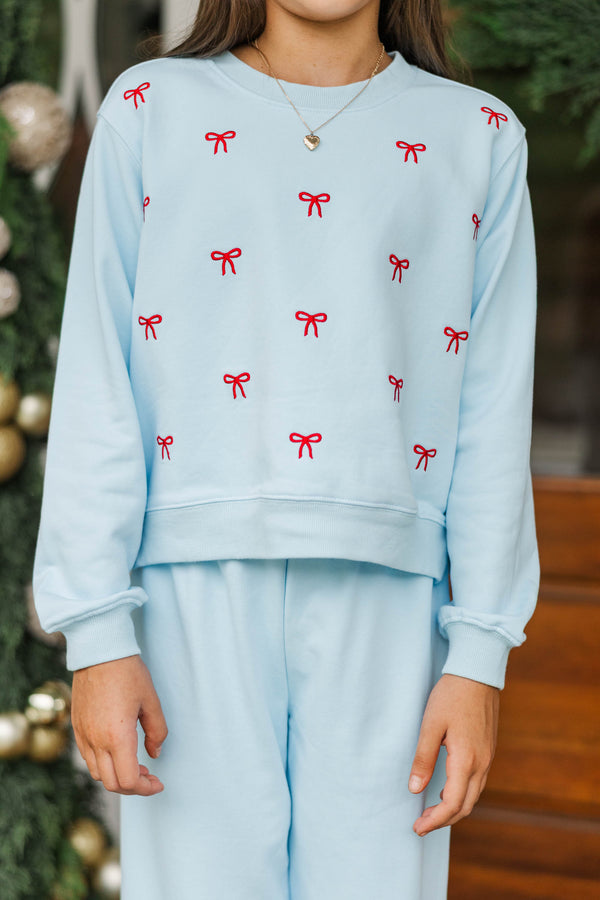Girls: Weekend Ritual Light Blue Bow Embroidered Sweatshirt