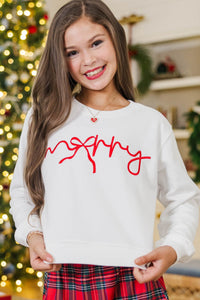 Girls: Merry Memories White Embroidered Sweatshirt