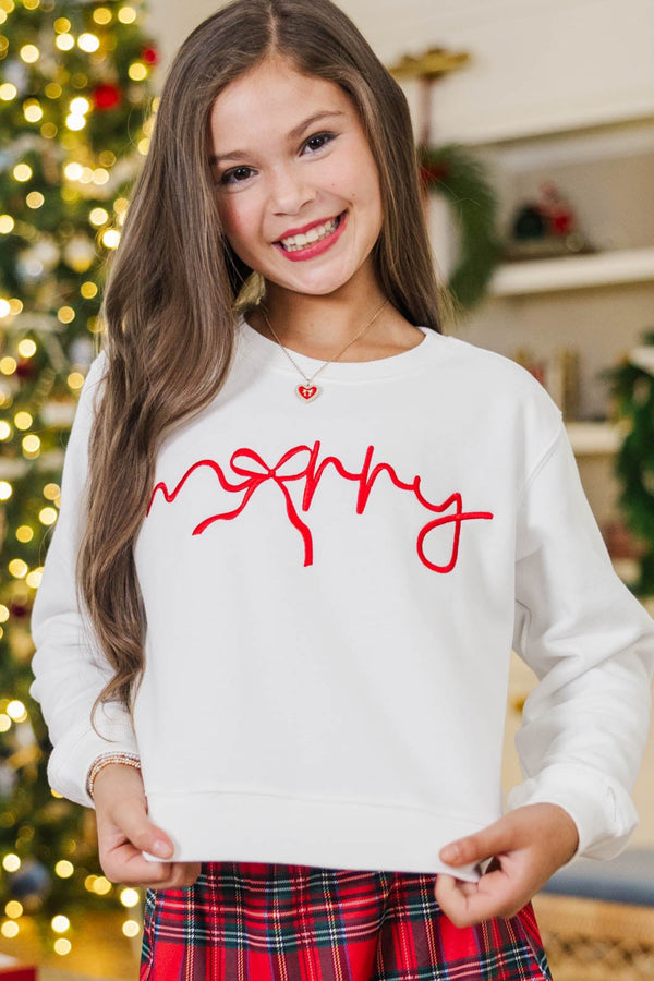 Girls: Merry Memories White Embroidered Sweatshirt