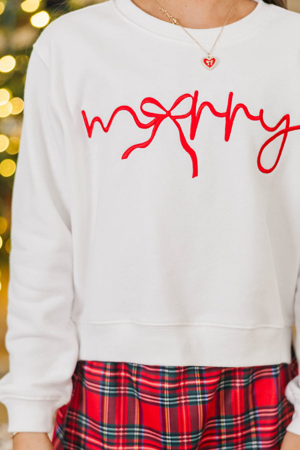 Girls: Merry Memories White Embroidered Sweatshirt