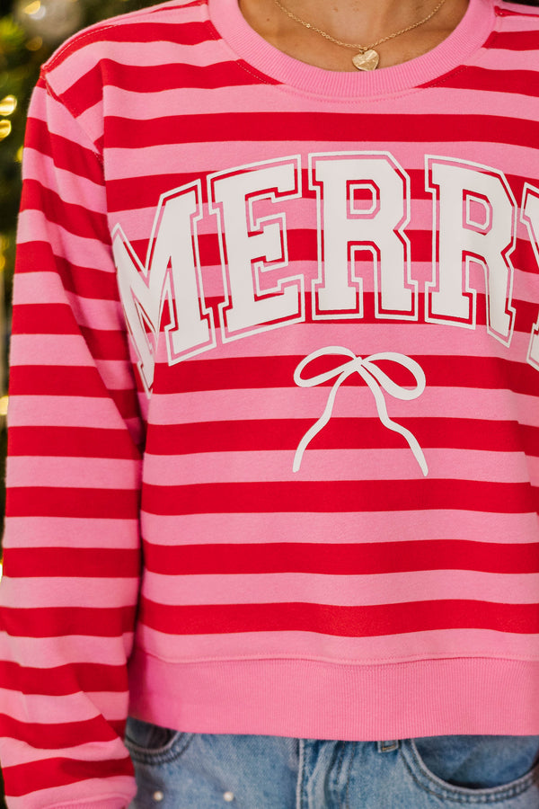 Girls: Merry Darling Red & Pink Striped Graphic Sweatshirt