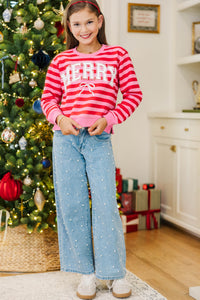 Girls: Merry Darling Red & Pink Striped Graphic Sweatshirt