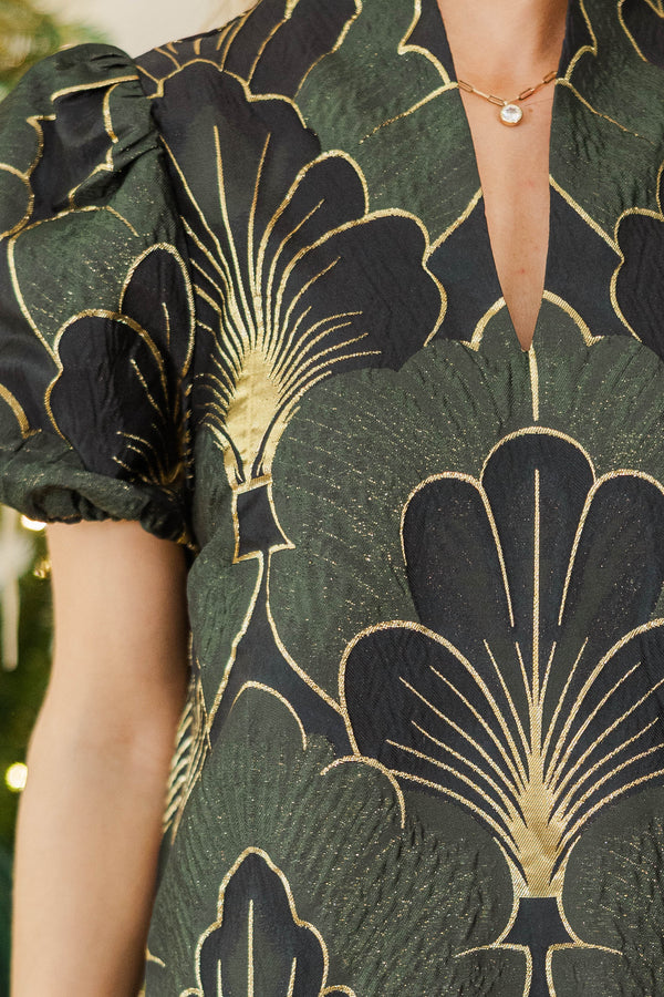 Evening Plans Olive Brocade Dress