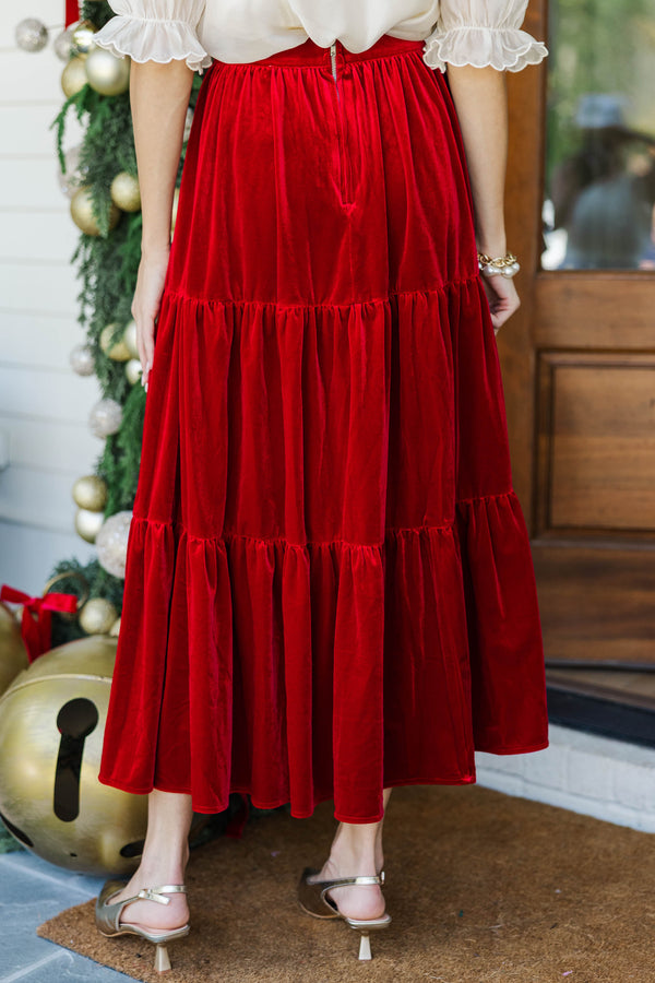 Merrier Than Ever Red Velvet Midi Skirt