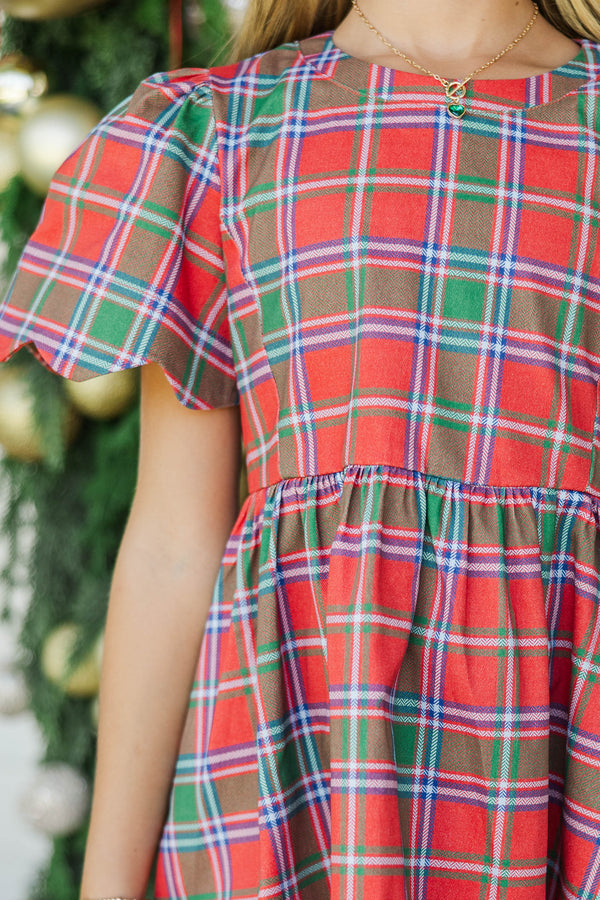Girls: Festive Plans Red Plaid Scalloped Dress