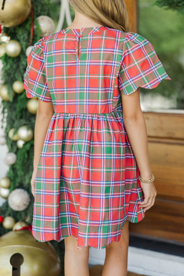 Girls: Festive Plans Red Plaid Scalloped Dress