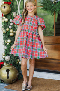 Girls: Festive Plans Red Plaid Scalloped Dress