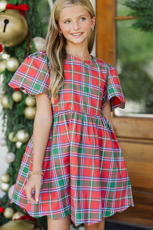 Girls: Festive Plans Red Plaid Scalloped Dress