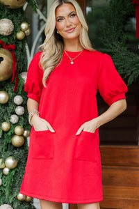 Layered Texture Red Puff Sleeve Dress
