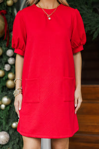 Layered Texture Red Puff Sleeve Dress