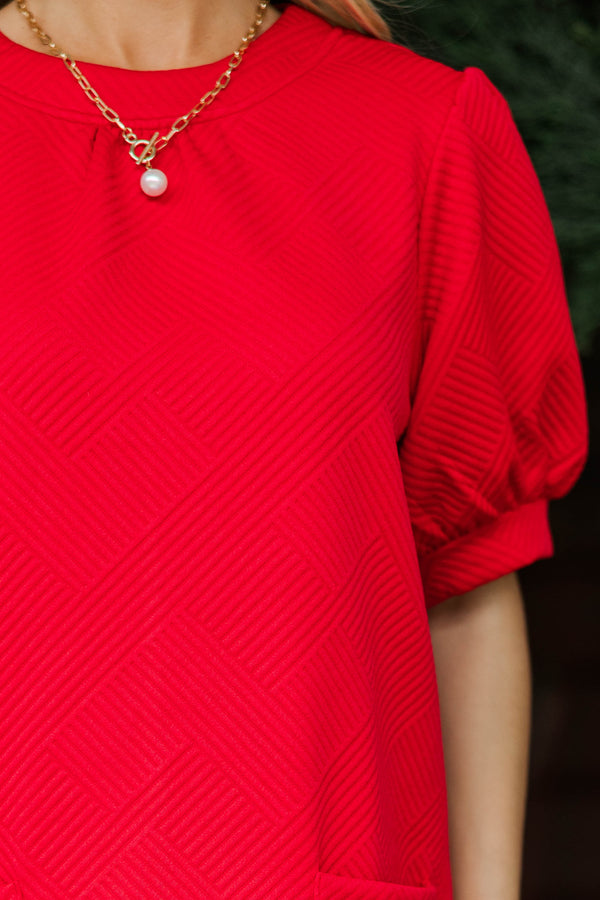 Layered Texture Red Puff Sleeve Dress