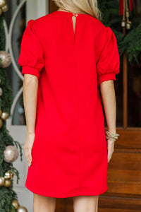 Layered Texture Red Puff Sleeve Dress