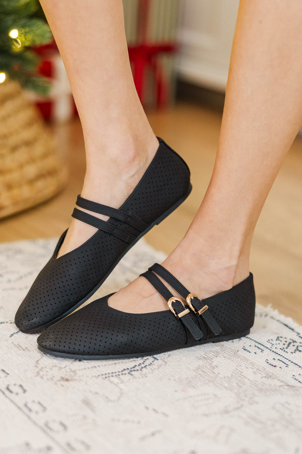 Style Essential Black Suede Buckle Flats