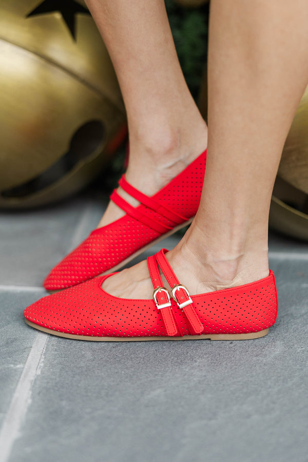 Style Essential Red Suede Buckle Flats