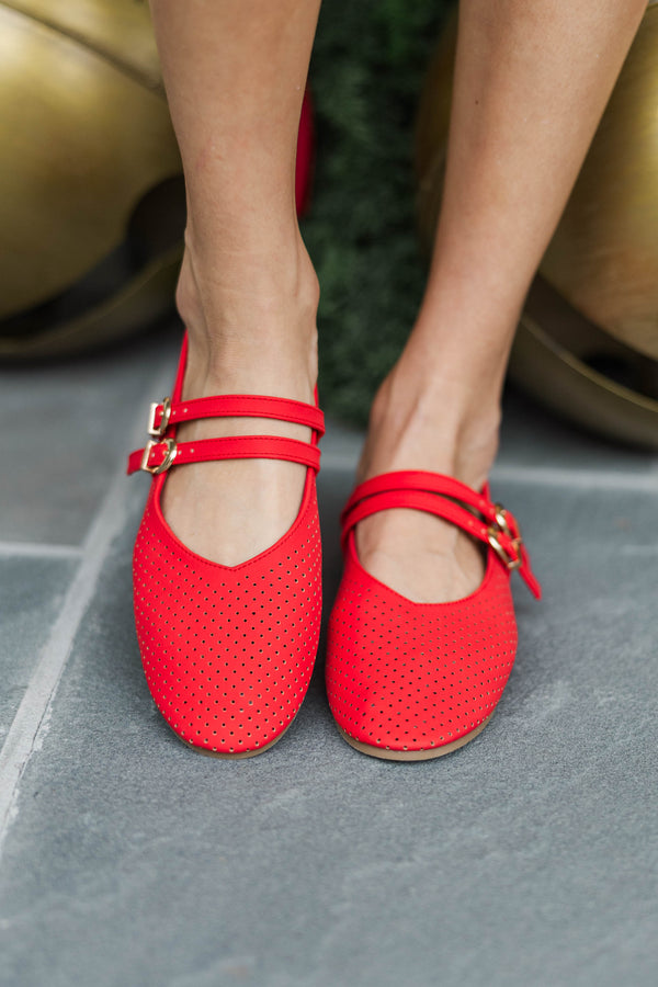 Style Essential Red Suede Buckle Flats