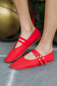 Style Essential Red Suede Buckle Flats