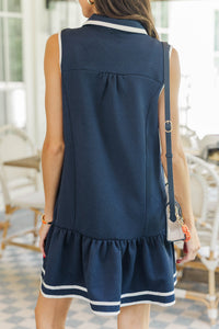 All In Navy Textured Drop Waist Dress
