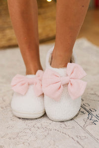 Girls: Cozy Side Cream Bow Slippers