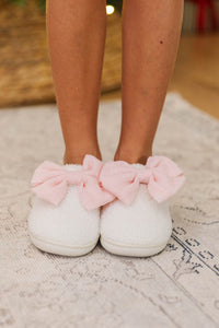Girls: Cozy Side Cream Bow Slippers