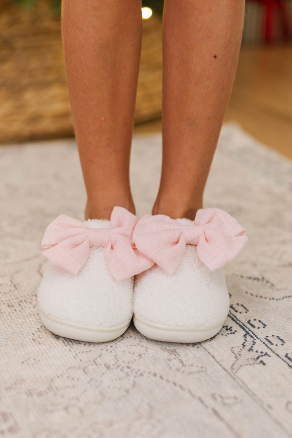Girls: Cozy Side Cream Bow Slippers