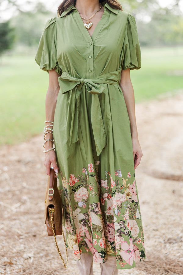 A New Leaf Olive Floral Midi Dress