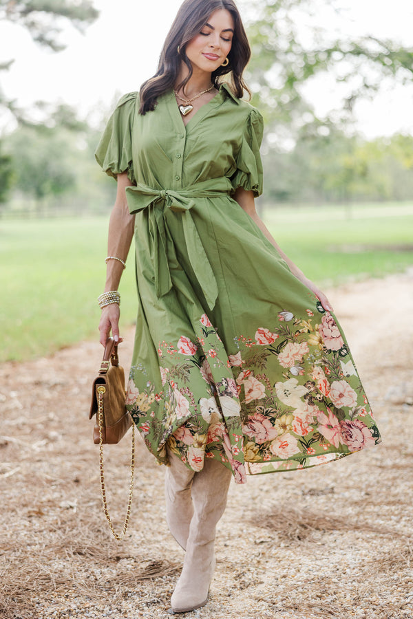 A New Leaf Olive Floral Midi Dress