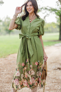 A New Leaf Olive Floral Midi Dress