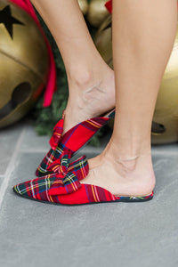 Perfect Pair Red Plaid Bow Flat Mules