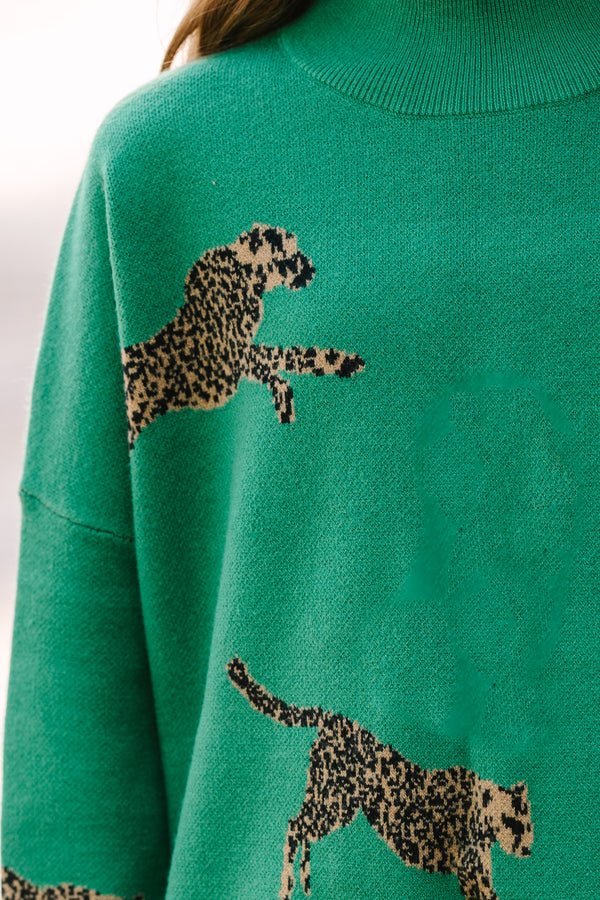 Girls: Quick Decisions Kelly Green Cheetah 3/4 Sleeve Sweater