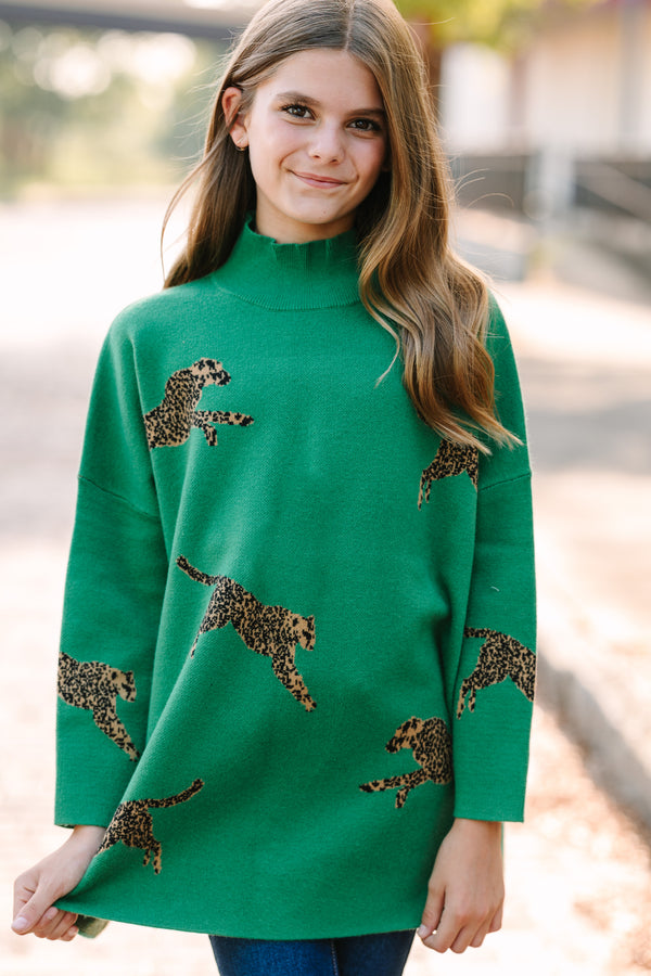 Girls: Quick Decisions Kelly Green Cheetah 3/4 Sleeve Sweater