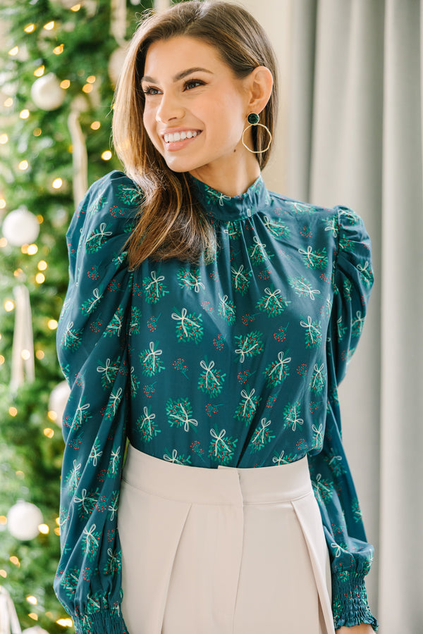 Be A Stand Out Emerald Green Floral Puff Sleeve Blouse