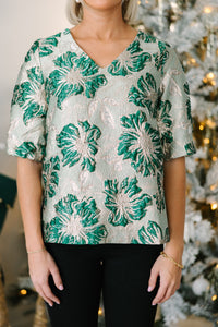Find You There Green Metallic Floral Blouse