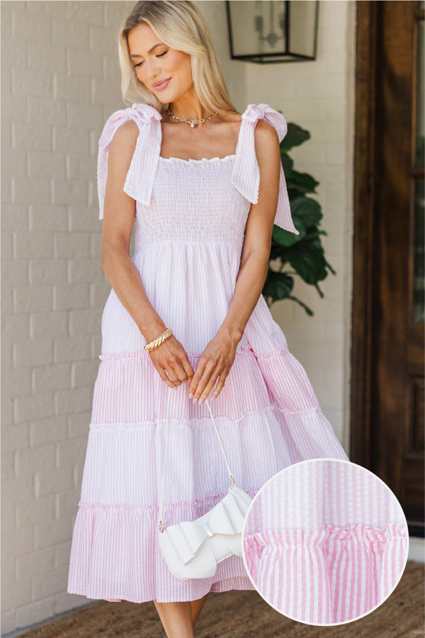 On Top Of The World Pink Seersucker Midi Dress
