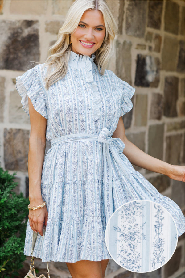 blue striped ruffle dress Sail to Sable Blue & White Stripe Ruffle Hem Shirt Dress BLUE/WHITE / S / JM26002