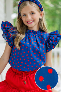 Girls: A True Beauty Navy Blue Apple Print Blouse