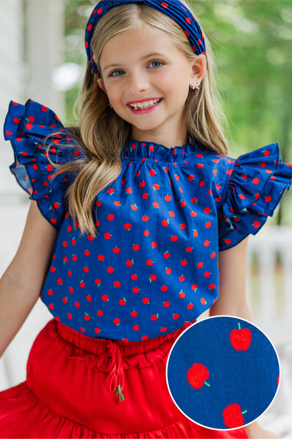 Girls: A True Beauty Navy Blue Apple Print Blouse
