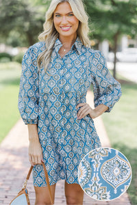 On Your Way Teal Blue Medallion Babydoll Dress
