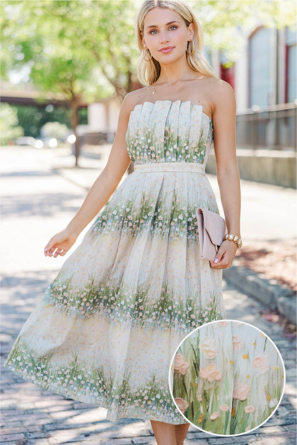 olive floral midi dress Light Olive Wavy Floral Smocked Midi Dress Jean Marie's