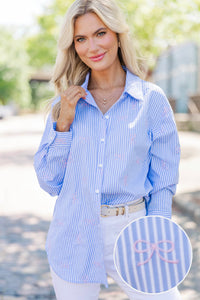 Back To Work Blue Bow Embroidery Stripe Shirt