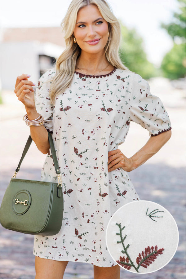 The Subtle Bloom Taupe Embroidered Shift Dress – Shop the Mint