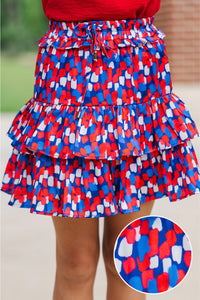Girls: Take The Leap Blue and Red Watercolor Satin Skort