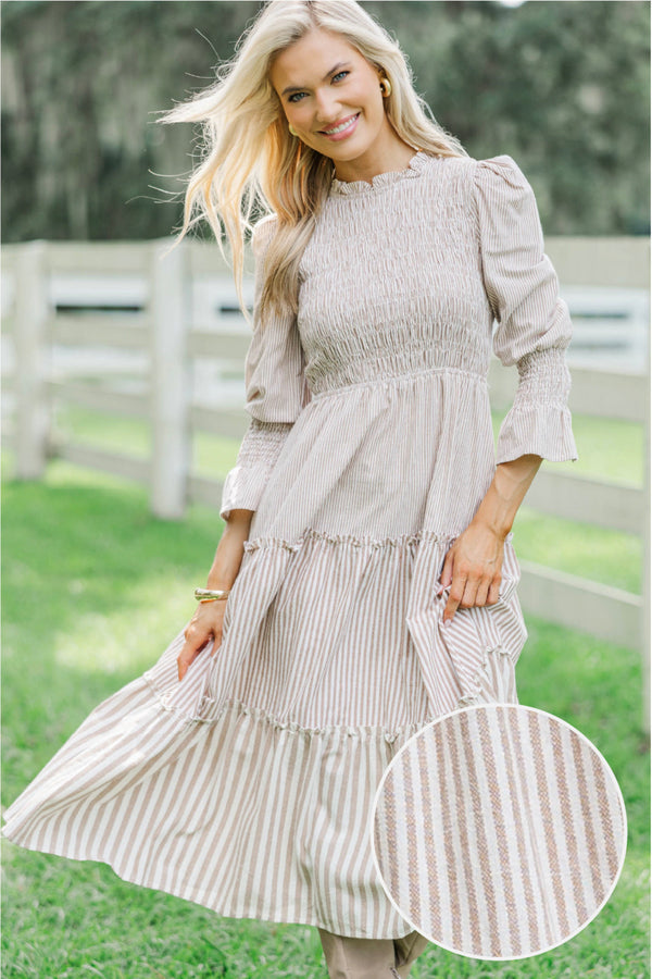 brown striped midi dress Kamber Striped Midi Tank Dress in Brown