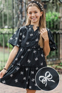 Girls: The Stephanie Black Bow Pattern Babydoll Dress