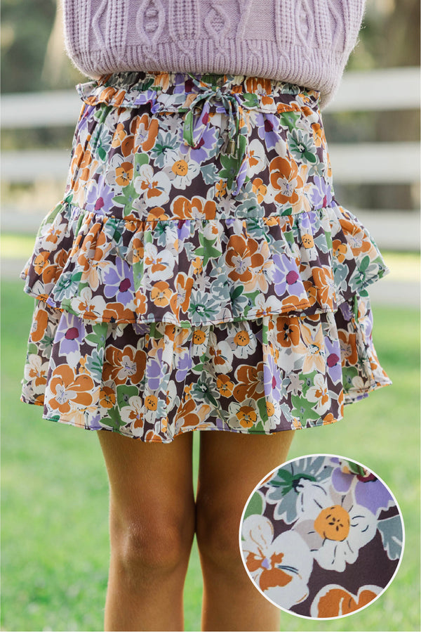 Girls: Take The Leap Brown Floral Satin Skort