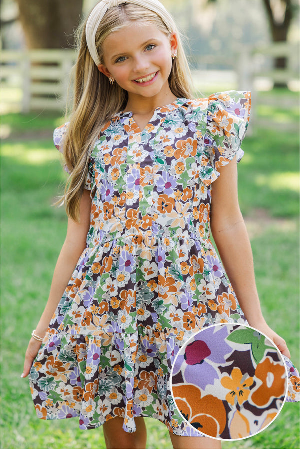 Girls: At This Time Brown & Lavender Floral Dress