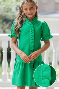Girls: Stay You Green Textured Puff Sleeve Dress