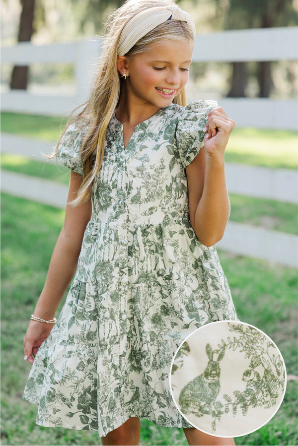 Girls: Perfect For You Olive Green Toile Dress