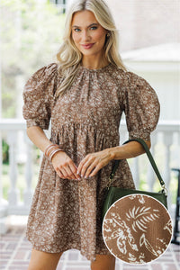Oh So Thankful Butterscotch Brown Ditsy Floral 3/4 Sleeve Dress